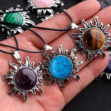 1 Stück Natürlicher Kristall Sonnenanhänger Halskette, Unisex Natürlicher Stein Lederband Schmuck, spirituelles Geschenk zu Weihnachten und Geburtstag