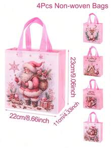 4/8 pièces Sacs fourrés roses de Noël avec poignées, motif de Père Noël, d'élan et de cloche, sacs cadeaux réutilisables, sacs de courses, sacs non tissés, sacs de faveurs de fête, décorations de Noël festives pour la maison, cadeaux de Noël 2025, emballages de Nouvel An 2026 (quatre motifs)