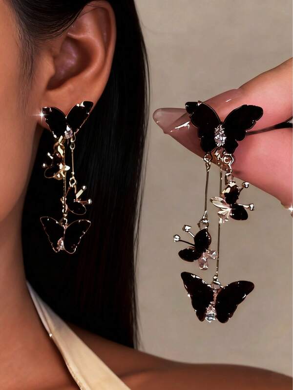 2 piezas Conjunto de aretes con colgante de mariposa elegante y sexy en rojo y negro con brillantes rhinestones, aretes largos con flecos, aretes elegantes para uso diario y ocasiones de gala - Adecuado para todas las estaciones