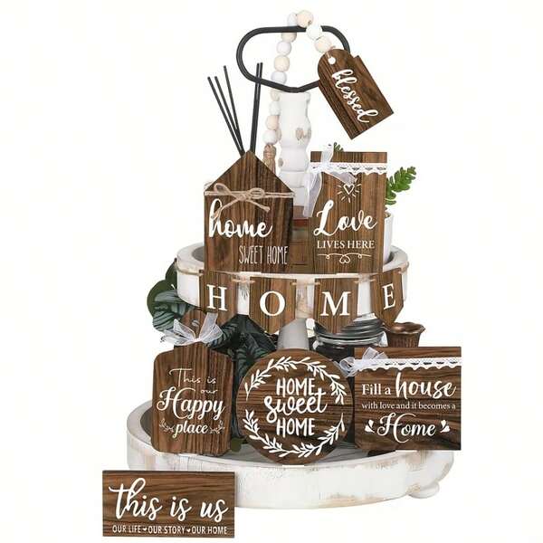 11pcs Wooden Farmhouse Decor Set, Tiered Tray, Wooden Decorative Pieces, Home Decor, Wooden Trays, Wooden Decorative Items, Desktop Decor