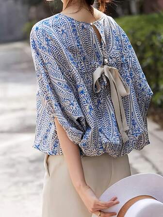 Women Geometric Printed Lantern Sleeve Loose Round Neck Polyester Blouse, Summer