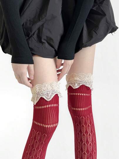 1 Pair Lace Trim Over-The-Knee Socks, Fishnet Hollow Out Thigh High Socks, Diamond Plaid Leg Warmers, Fashion & Comfortable, Suitable For Party, Date And Stage Performance - All Seasons