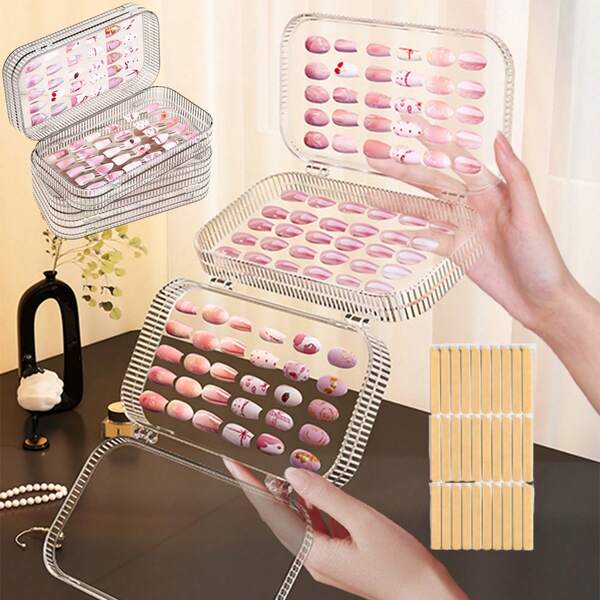 Tri-Fold Press On Nail Organizer Case - 4-Page Portable Storage Box For Fake Nails, Clear PET Plastic Travel Holder Foldable Clear Organizer Case With 6 Storage Sides, Holder Stand For Fake Nail Display With 2-Sided Tape