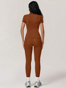 Yefecy 2 Pieces Women's Workout Tracksuit Set - Comfy Solid Round Neck Tee & High Waist Yoga Leggings, Sporty Gym Clothing For Running, Athletic Summer Sportswear Outfits - Brown - View 6