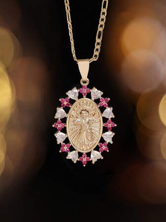 14K镀金宗教项链 - 耶稣双吊坠项链 - 基督吊坠，优雅礼物，适合送给妈妈，婚礼、洗礼、日常佩戴（全年皆宜） - 合成宝石，耐用14K铜