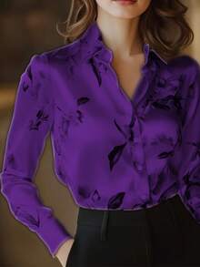 1 件花卉印花纽扣长袖衬衫，适合约会、节日、生日、派对、旅行、春秋季 - 紫色 - 查看 5