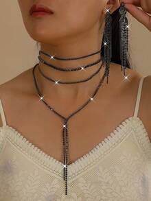 Women's Long Multilayer Necklace & Earrings Set, Geometric Pattern, Elegant For Party, Bride, Wedding Season