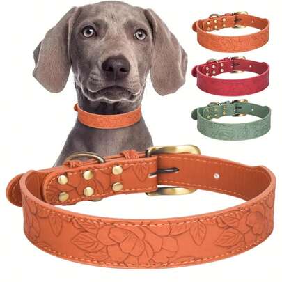 Leather Dog Collar Floral Pattern Dog Basic Collar Retro Style Adjustable Collar For Medium And Large Sized Dogs