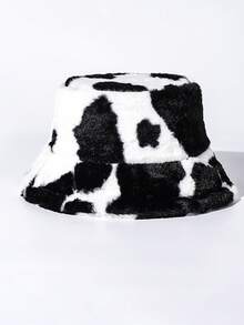 Classic Autumn/Winter New Solid Color Cow Print Faux Fur Fisherman Hat, Korean Fashion Faux Fur Fluffy Thick All-Match Casual Retro Party Streetwear Polyester Fiber Decorated Hat