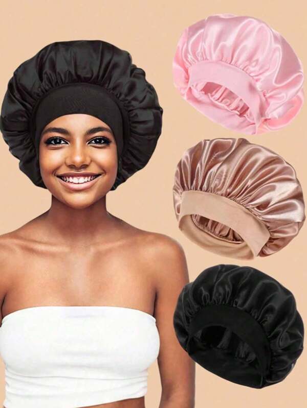 Gorra elástica de ala ancha de un solo tamaño para mujeres, de unicolor - Gorro de satén para dormir, adecuado para el cuidado diario del cabello, suave y transpirable, accesorio de moda para dormir. Se puede usar para bañarse, lavarse la cara, maquillarse o dormir para manejar fácilmente el peinado. Toallas de ducha para salón de belleza, hotel, deportes, artículos esenciales para el hogar, toalla, cuidado de la piel