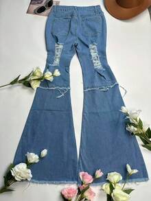 Distressed Flare Jeans, Punk Rock Style, Suitable For Halloween Outfit - Blue - View 8