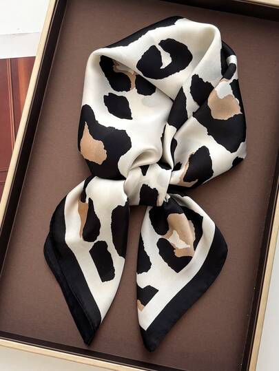 1 pieza Bufanda con estampado de leopardo de moda, bufanda de cuello de seda sintética ligera para mujer, para primavera/otoño con vestido