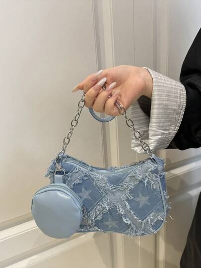 1 pieza Bolso bandolera de moda casual con estampado de estrellas, cadena de metal, cierre de cremallera de nailon azul suave, adecuado para uso diario de mujeres, nuevo lanzamiento de otoño/invierno