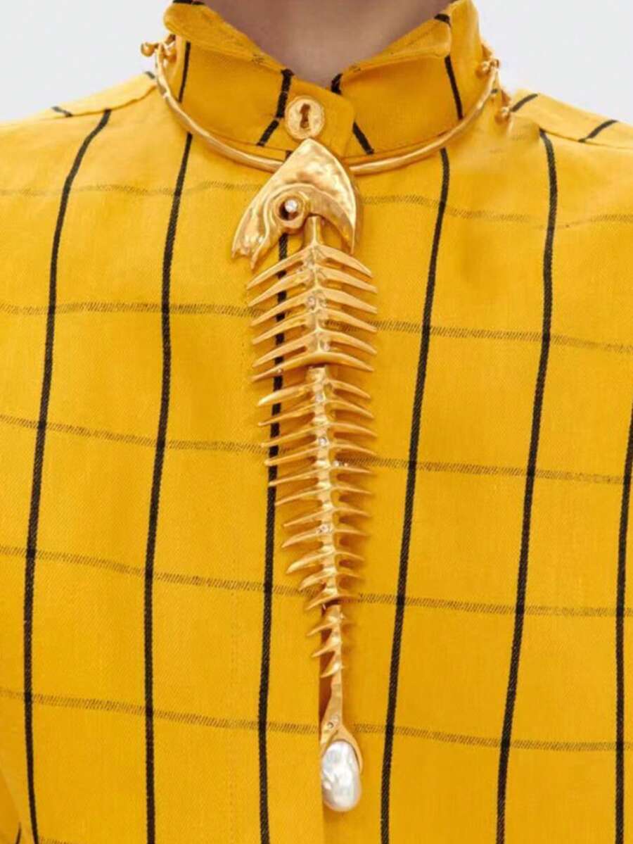 复古奢华精致鱼骨珍珠吊坠项链，夸张个性时尚颈链，夸张奢华，个性化几何仿宝石项链，适合女士日常及宴会佩戴 - 金色 - 查看 1