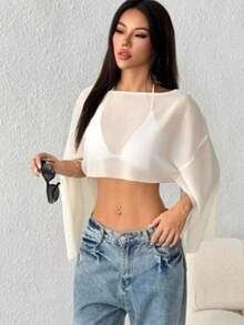 Cropped Tulle Long Sleeve Open Flowing Top - White - View 3