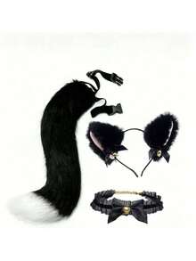 一套派对表演毛绒狐狸/狼尾巴，手工制作可爱动漫毛绒尾巴，配有头箍、蕾丝铃铛手链、蕾丝铃铛项链和铃铛头箍。手工制作可爱动漫毛绒动物尾巴套装，配有头箍，适用于狐狸角色扮演、派对、舞台装饰。 - 黑與白 - 查看 4