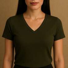 Kit Of 4 Basic V-Neck Short Sleeve Ribbed Blouses - White, Wine, Beige, Military Green - View 5