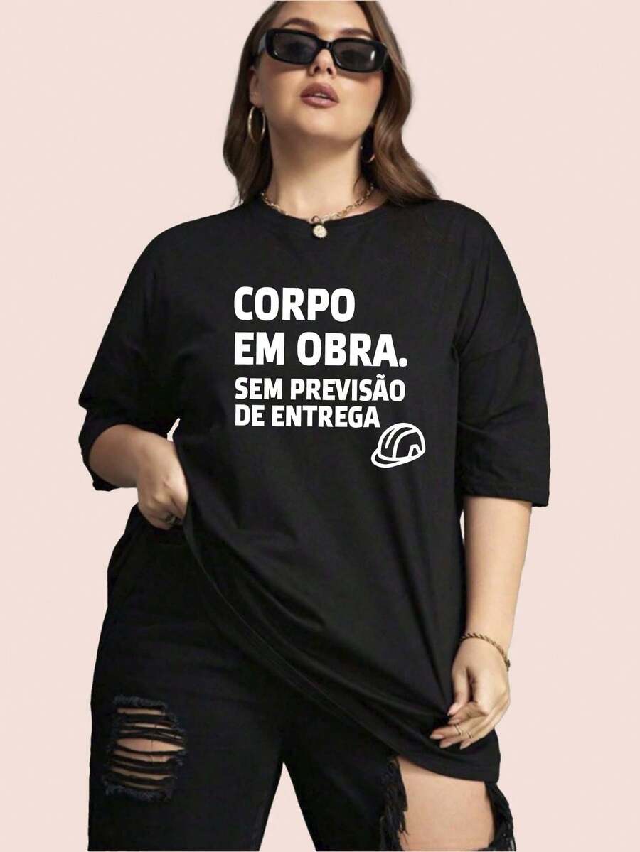 Women's Plus Size Black Knit Long T-Shirt With Half Sleeves And Round Neck - màu đen - Xem 1