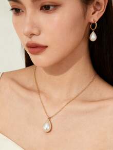 3 件套 18K 镀金不锈钢耳环和项链套装，配有泪滴状人造珍珠吊坠，适合日常佩戴、节日、订婚、结婚礼物 - 金色 - 查看 1