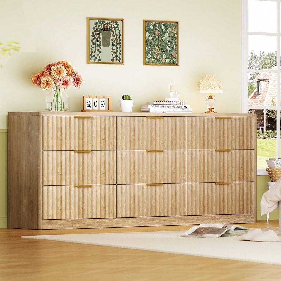 63''Wide Fluted 9 Drawer Dresser For Bedroom,  Modern Chest Of Drawers, Wood Closet Clothes Organizer For Bedroom, Hallway, Natural - 自然的 - 查看 1