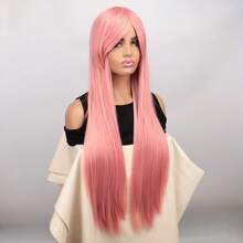 Parrucca dritta lunga 32 pollici in capelli sintetici resistenti al calore, con frangia, colore rosa chiaro, adatta per cosplay, Ognissanti, feste e festival musicali