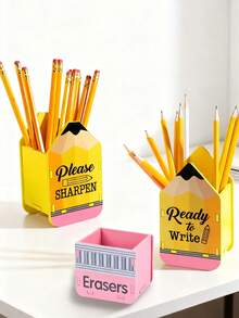 1pc Wooden Splicing Pen Holder. Yellow Pencil Shaped Pen Holder, Desktop Miscellaneous Storage Pen Holder, Pencil Holder, Eraser Storage Box, For Storing Pencils, Desktop Organizer Back To School,Pencil Case,Pencil Pouch,School Bag