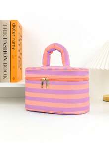 1pc Striped Portable Cosmetic Bag With Handle, Large Capacity Travel Toiletry Organizer With Zipper Closure, Cute Makeup Bag For Women And Girls With Compartments, Travel Cosmetic Bag With Zippered Mesh Pocket And Adjustable Dividers Toiletry Bag, Perfect For Daily Use, Dorm Or Holiday Travel Make Up Bag - Multicolor - View 8