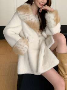 女士冬季豹纹领长袖人造毛领系腰圣诞外套 - 奶昔白 - 查看 7