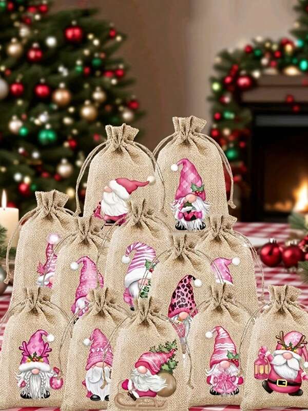 12pcs Pink Santa Claus Burlap Gift Bags With Drawstrings - Mixed Pattern Linen Christmas Bags For Holiday Party Favors, Xmas & New Year Gifts, Durable Linen Material, Festive Design With Santa, Reindeer, And Snowman Illustrations, Christmas Gift Bags, Christmas Gift Packaging, Christmas Themed Design, Sturdy Handle Design, Perfect For Thanksgiving(Random Pattern)