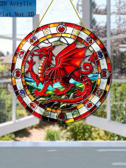 2D Flat, 1pc Welsh Dragon Sun Catcher - Double-Sided Acrylic Circular Wall Art With Vibrant Red Dragon And Stained Glass Design, Suitable For Housewarming Gifts, Porch Hanging, No Electricity Needed, Window Decoration, Dragon Pattern, Multicolor Design, 2D Flat