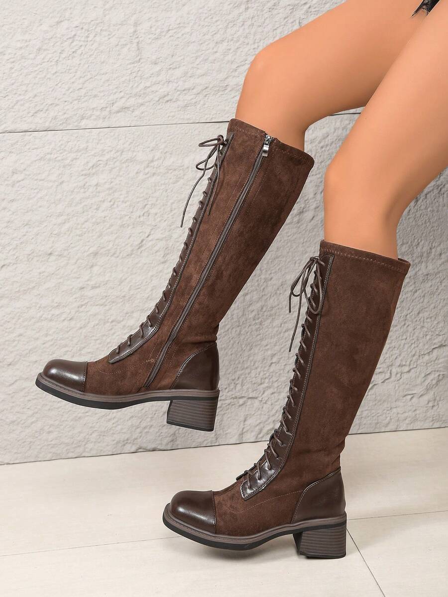 Botas femininas pretas de cano alto com cadarço, botas confortáveis de cano alto para outono/inverno - podem ser combinadas com jeans, vestidos, saias, shorts, versáteis e confortáveis, adequadas para festas do Dia dos Namorados, botas clássicas de inverno até o joelho, adequadas para atividades ao ar livre. Botas plataforma femininas - Marrom - Ver 1