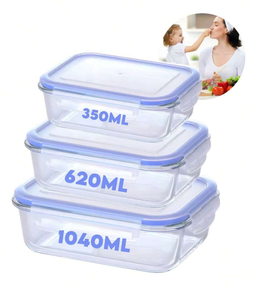 Kit 3 Potes De Vidro Hermético 330Ml 570Ml 840Ml Refratário - Azul Marinho - Visão 1