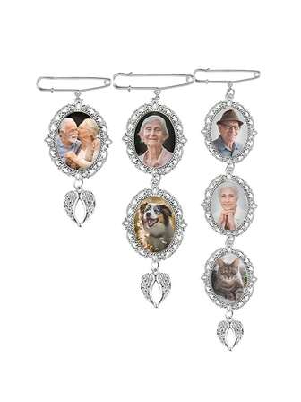 1pc Pin Brooch DIY Bridal Bouquet Blank Photo Pendant Wedding Bouquet Memory Charm Double Oval Glass Round Border Tray Photo Frame With Heart Angel Pendant Wedding Engagement Party Festive Heart Vintage Christmas Gift