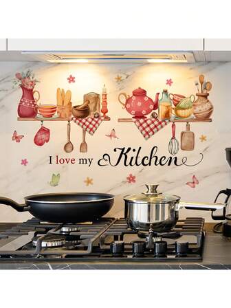 1pc Creative Kitchen Cookware Butterfly Floral Self-Adhesive Wall Sticker, Made Of PVC, Suitable For Restaurant Kitchen Wall Decoration