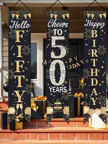 3pcs Black & Gold 50th Birthday Door Sign, Black & Gold Birthday Polyester Hanging Banner "Hello 50, Cheers To 50!", Balloon, Cake, Champagne, Firework Design 50th Birthday Decor, 50th Birthday Party Room Decoration - Black Gold 50th Birthday - View 9
