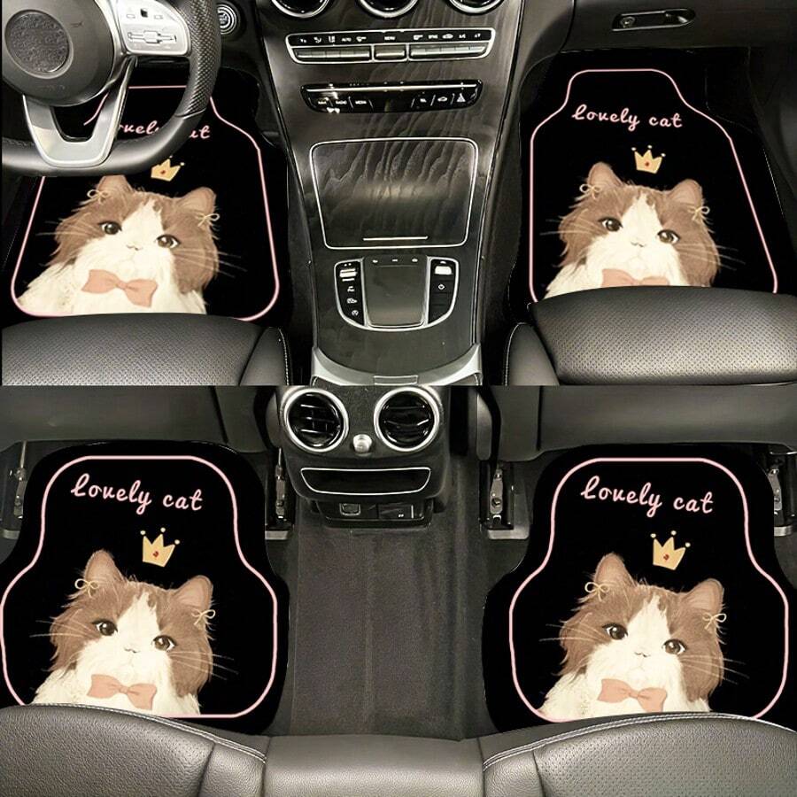 4pcs/Set Cute Cat Pattern Car Floor Mats - Universal Size, Easy To Clean, Car Interior Accessories Fit Most Vehicles, Ideal Gift For Friends