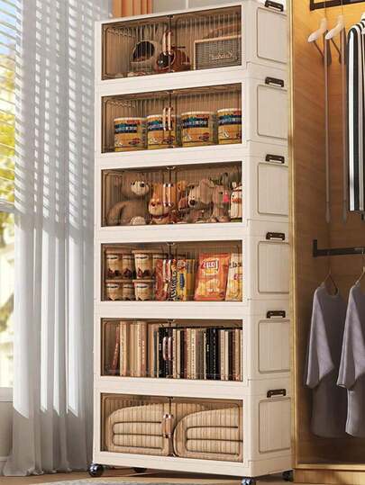 50厘米/19.69英寸宽折叠储物柜，年末囤货收纳箱，冬季衣物衣柜收纳箱，情人节物品收纳，便携式家用储物衣柜，双门折叠箱，可选1-6层，加厚双门带轮储物柜，家用免安装储物架，衣物玩具收纳架，塑料折叠储物柜