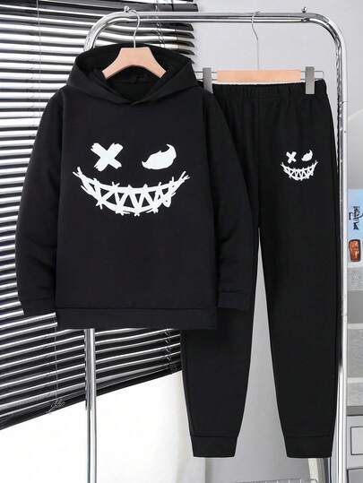 2pcs/Set Boys Smiling Face Print Casual Sports Hoodie Sweatshirt And Elastic Waist Jogger Pants Set, Autumn/Winter