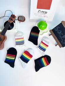 3 pares de calcetines a rayas de colores del arcoíris, calcetines transpirables de media pantorrilla, estilo callejero, adecuados para primavera, otoño e invierno