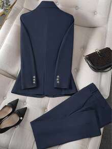 Solid Color Single Button Long Sleeve Single-Breasted Waistcoat Suit Pants Two-Piece Set - Màu xanh hải quân - Xem 2