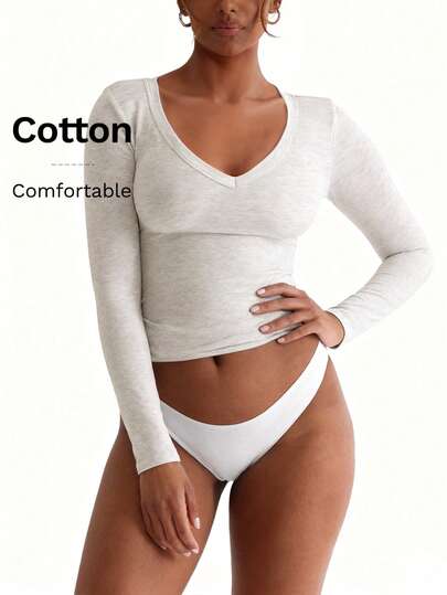 XLLAIS Women's T Shirt Sexy V Neck Stretch Grey Soft Casual Long Sleeve Top