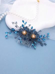1pc Handmade Elegant Blue Flower Bridal Hair Clip, Rhinestone Headpiece Suitable For Wedding & Party