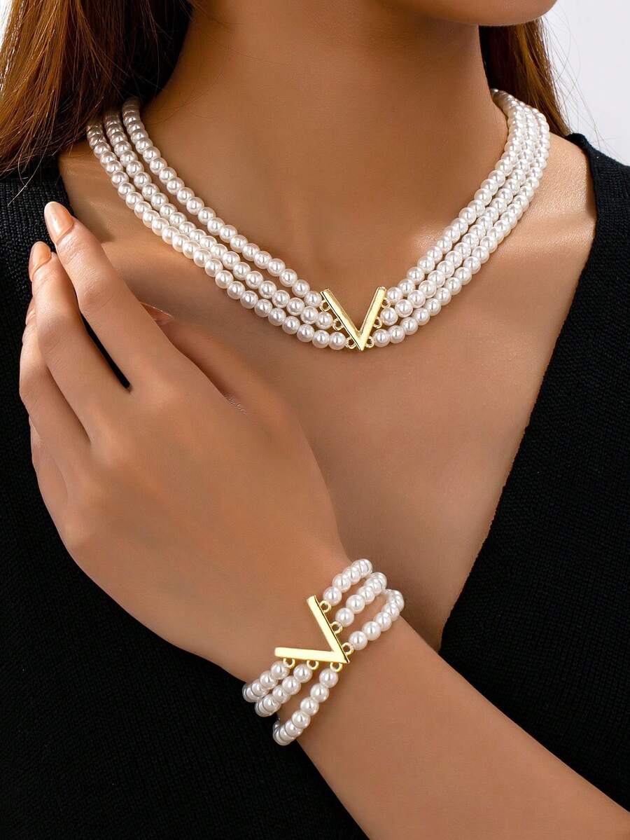 2pcs Elegant Minimalist Design Delicate Elegant Multi-Layer Faux Pearl Bracelet & Necklace Set, Suitable For Women's Daily Wear