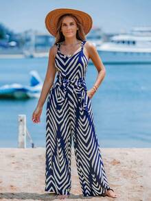 Mono Holgado Para Mujer A Rayas Con Tirantes Nudo Torcido,Mono De Pierna Ancha Con Cinturón Para Vestir Casual - Azul - Ver 1