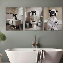Border Collie Bathroom Canvas Art Set, 3 PiecesDecorative Dog Theme Wall Prints, Bathroom Humor Artwork, Home Decor For Living Room, Dining Room, Bedroom Unframed, Canvas Material, Ideal Gift For Pet Lovers Featherless, No Electricity Needed - Multicolor - View 10