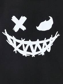 2pcs/Set Boys Smiling Face Print Casual Sports Hoodie Sweatshirt And Elastic Waist Jogger Pants Set, Autumn/Winter - Black - View 4