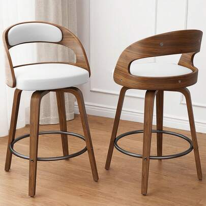 GIKPAL Swivel Bar Stools Set Of 2, 26" Counter Height Bar Stools With Bentwood Legs And Back, Mid-Century Modern PU Leather Upholstered Bar Chair For Kitchen Island, Bar, Restaurant, White