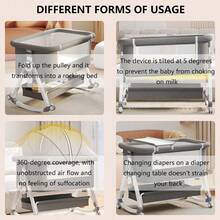 CHIQUERID 4-In-1 Baby Bassinet, Adjustable Bedside Bassinet With Comfy Mattress, Wheels, 6 Height Levels, Easy Folding Portable Crib For Newborns - Xám - Xem 3