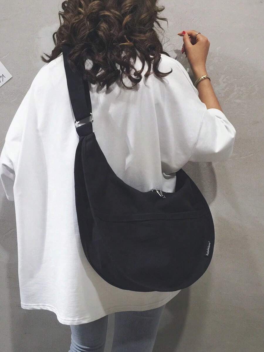 Japanese Style Solid Color Casual Large Capacity Student Dumpling Shoulder-Body Crescent Lunar Messenger Bag, Versatile Shopping Tote. - 黑色 - 查看 1
