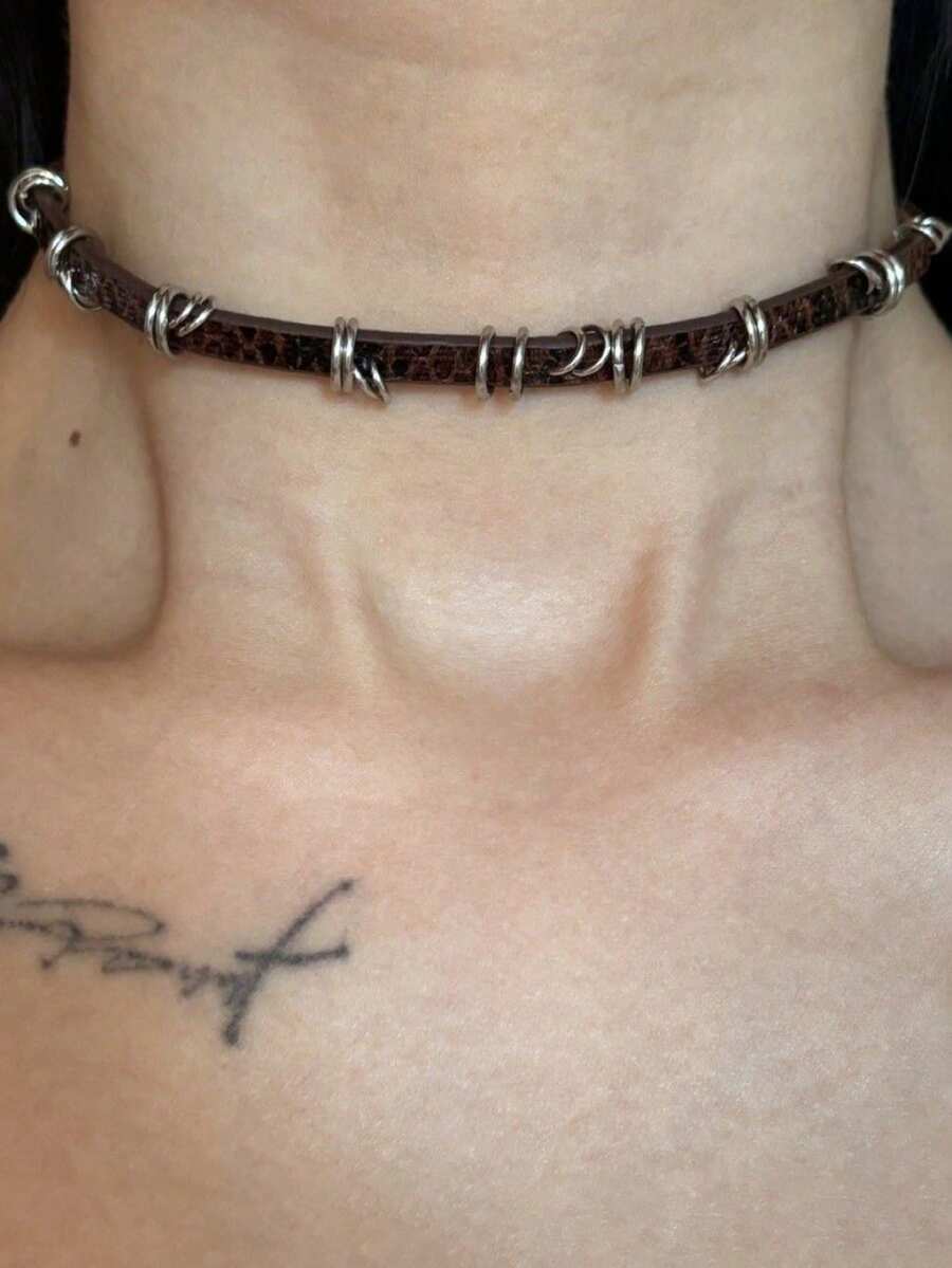 Y2K roșu maro vintage asimetric cerc metalic fin din piele colier Choker gotic dulce cool retro din piele guler choker bijuterii